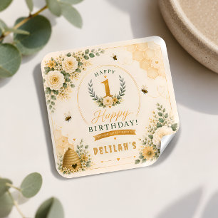 Pegatina Cuadrada Cumpleaños de la dulce abeja de miel
