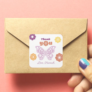 Pegatina Cuadrada Cumpleaños de la Mariposa Retro Gracias