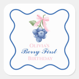 Pegatina Cuadrada Cumpleaños de la primera fresa azul Coquette con l