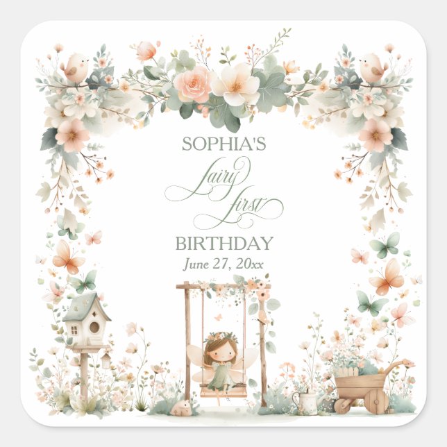 Pegatina Cuadrada Cumpleaños de la primera niña hada (Anverso)