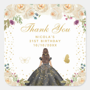 Pegatina Cuadrada Cumpleaños de la Princesa de Cabello Moreno Floral