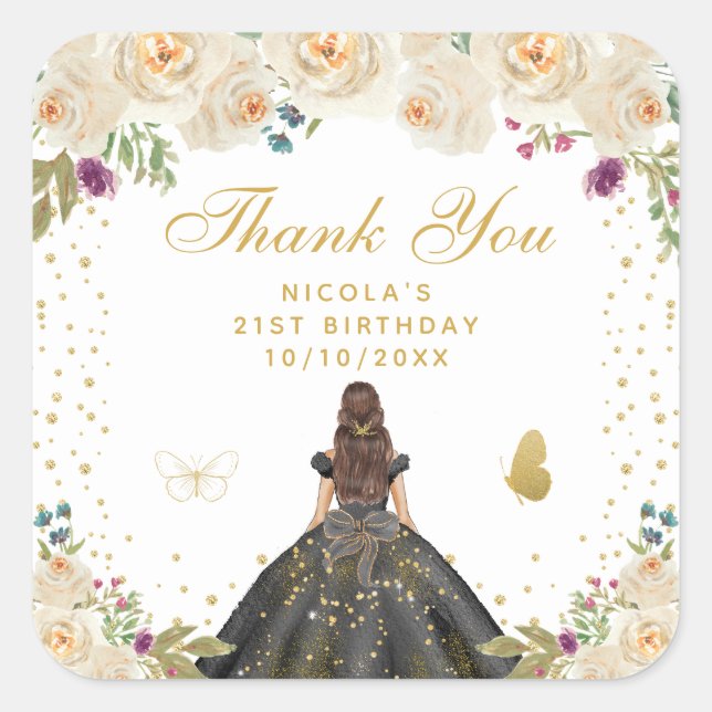 Pegatina Cuadrada Cumpleaños de la Princesa de Cabello Moreno Floral (Anverso)