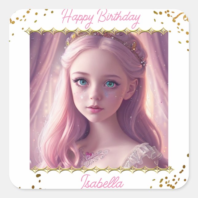 Pegatina Cuadrada Cumpleaños de la princesa personalizada (Anverso)