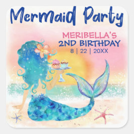Pegatina Cuadrada Cumpleaños de la Sirena Cupcakes Tropical Beach Ch