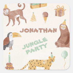 Pegatina Cuadrada Cumpleaños de los animales de la jungla pequeña