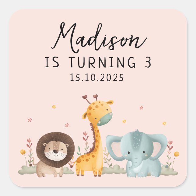 Pegatina Cuadrada Cumpleaños de los Animales Salvajes Girly Fiesta (Anverso)