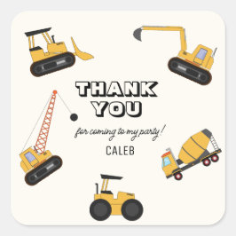 Pegatina Cuadrada Cumpleaños de los niños de los camiones de constru