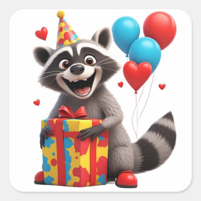 Pegatina Cuadrada Cumpleaños de mapache lindo con regalo 🦝 (Anverso)
