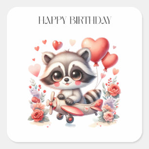 Pegatina Cuadrada Cumpleaños de Mapache Volador