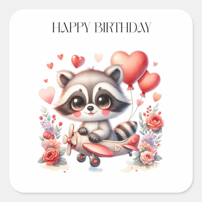 Pegatina Cuadrada Cumpleaños de Mapache Volador (Anverso)