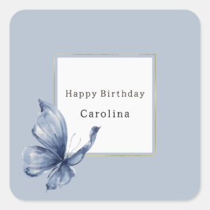 Pegatina Cuadrada Cumpleaños de Mariposa Azul