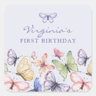 Pegatina Cuadrada Cumpleaños de Mariposa Morada