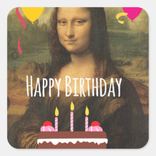 Pegatina Cuadrada Cumpleaños de Mona Lisa con la torta y los globos