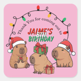 Pegatina Cuadrada Cumpleaños de Navidad de Capybara Rosa