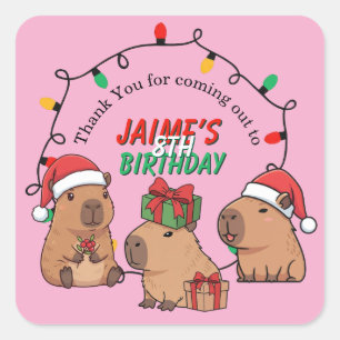 Pegatina Cuadrada Cumpleaños de Navidad de Capybara Rosa