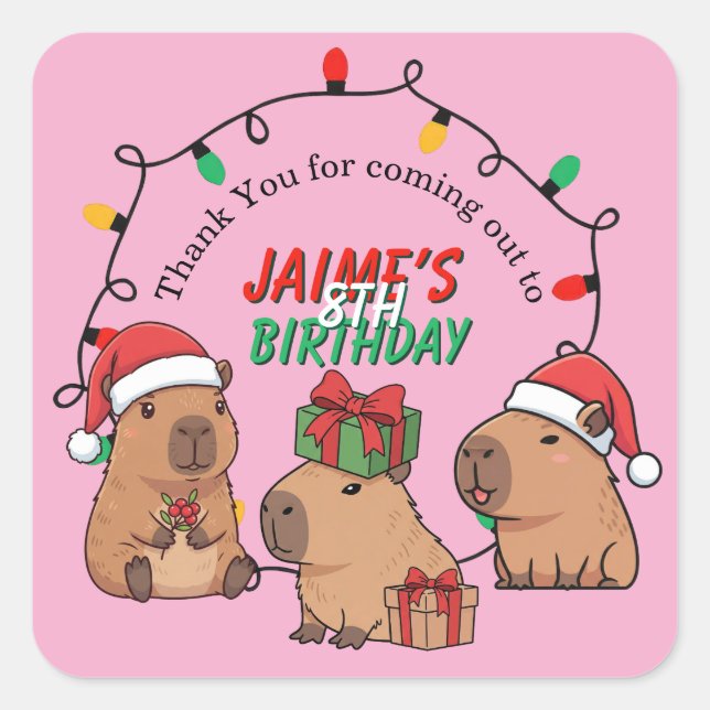 Pegatina Cuadrada Cumpleaños de Navidad de Capybara Rosa (Anverso)