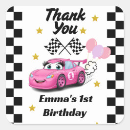 Pegatina Cuadrada Cumpleaños de niña de coche de carreras
