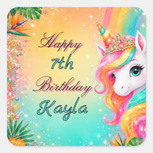 Pegatina Cuadrada Cumpleaños de niñas de Flor Unicornio Arcoíris Tro