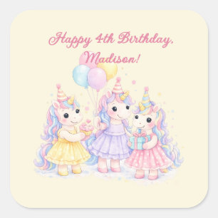 Pegatina Cuadrada Cumpleaños de niñas unicornio acuarela pastel