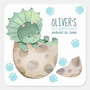 Pegatina Cuadrada Cumpleaños de niño de dinosaurio Triceratops