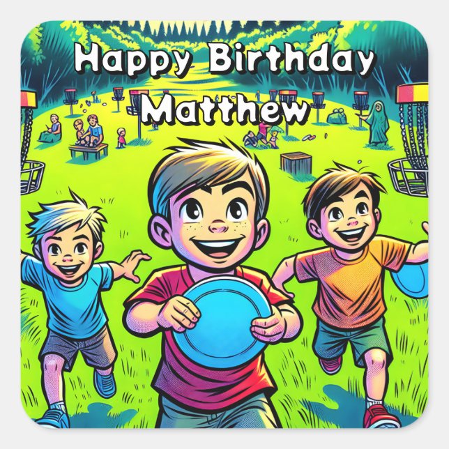 Pegatina Cuadrada Cumpleaños de niño personalizado de Disc Golf   (Anverso)