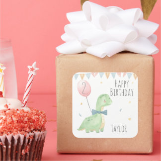 Pegatina Cuadrada Cumpleaños de Niño Personalizado Dinosaurio Acuare