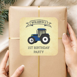 Pegatina Cuadrada Cumpleaños de niños con tractor azul de granja