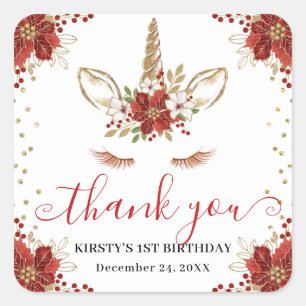 Pegatina Cuadrada Cumpleaños de niños Unicornio Poinsettia de Invier