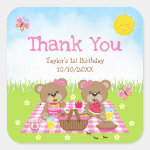 Pegatina Cuadrada Cumpleaños de ositos de peluche picnic rosa a cuad