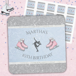 Pegatina Cuadrada Cumpleaños de Patinadora Artística Plateada Brilla