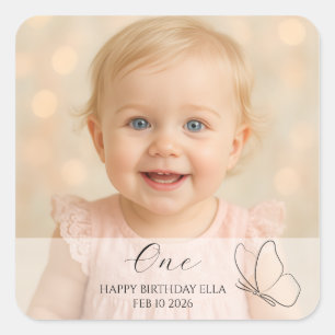 Pegatina Cuadrada Cumpleaños de primer año de niño lindo con foto pe