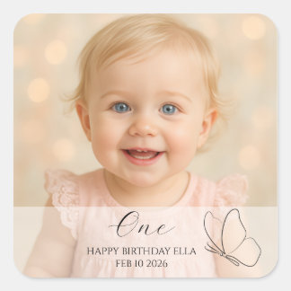 Pegatina Cuadrada Cumpleaños de primer año de niño lindo con foto pe