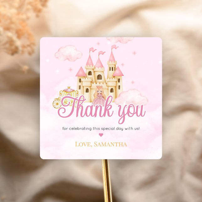 Pegatina Cuadrada Cumpleaños de Princesa (Four Ever Princess Birthday Party Sticker)