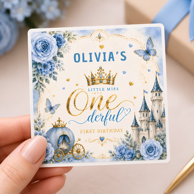 Pegatina Cuadrada Cumpleaños de Princesa Azul Adorable (Subido por el creador)