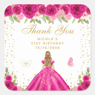 Pegatina Cuadrada Cumpleaños de Princesa con Cabello Rubio Floral Ro