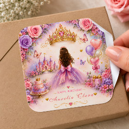 Pegatina Cuadrada Cumpleaños de Princesa con Cuento Personalizado