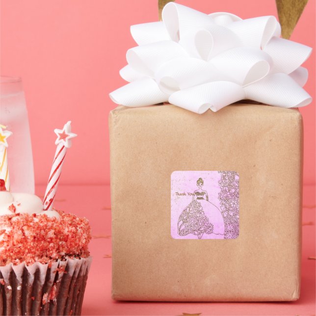Pegatina Cuadrada Cumpleaños de Princesa Cuento de Hadas Rosa y Dora (Fiesta)