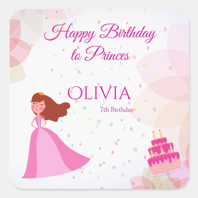 Pegatina Cuadrada Cumpleaños de princesa Disney elegante (Anverso)