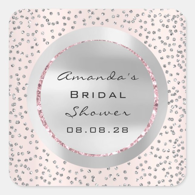Pegatina Cuadrada Cumpleaños de quinceañera Rosa Brillo Gris Confeti (Anverso)