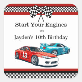 Pegatina Cuadrada Cumpleaños de Race Car,