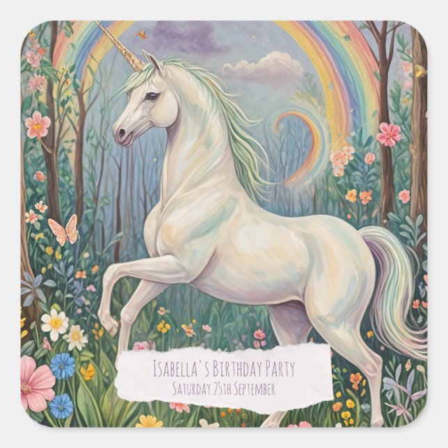 Pegatina Cuadrada Cumpleaños de Rainbow Unicorn (Anverso)