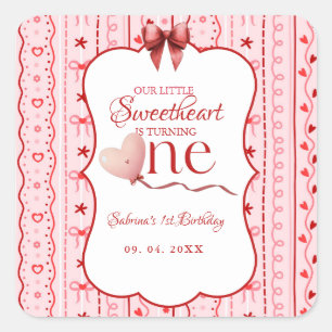 Pegatina Cuadrada Cumpleaños de San Valentín del bebé en su primer c