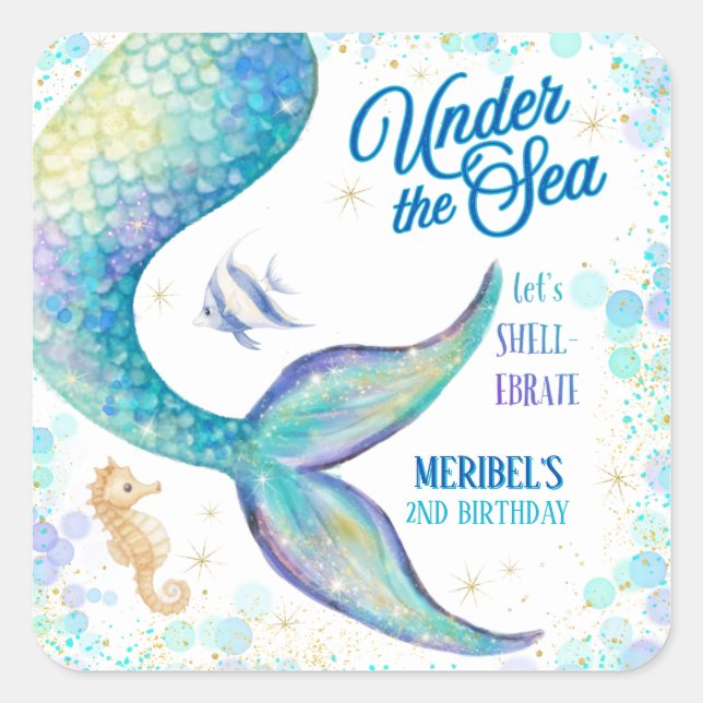 Pegatina Cuadrada Cumpleaños de Sirena Bajo el Mar (Anverso)