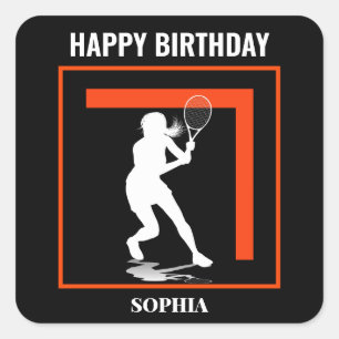 Pegatina Cuadrada Cumpleaños de Tenis, Jugadora de Tenis Chica