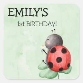 Pegatina Cuadrada Cumpleaños de una mariquita en una acuarela prader