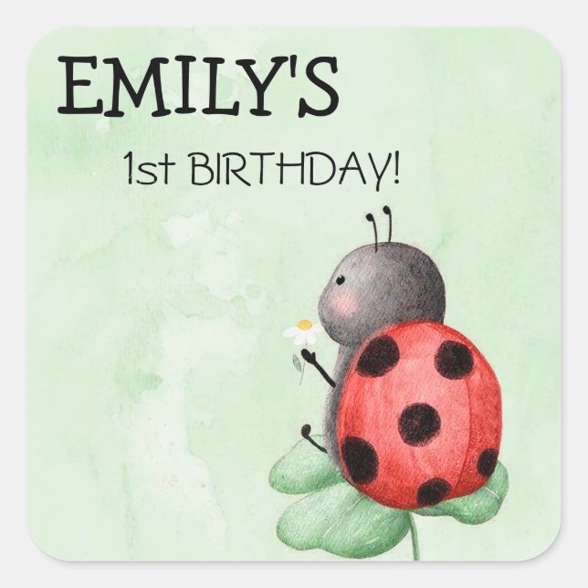 Pegatina Cuadrada Cumpleaños de una mariquita en una acuarela prader (Anverso)