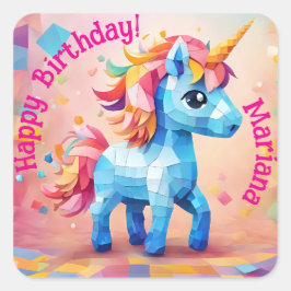 Pegatina Cuadrada Cumpleaños de Unicorn Pinata
