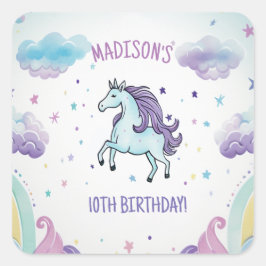 Pegatina Cuadrada Cumpleaños de Unicornio azul mágico y púrpura