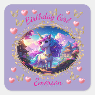 Pegatina Cuadrada Cumpleaños de Unicornio Mágico