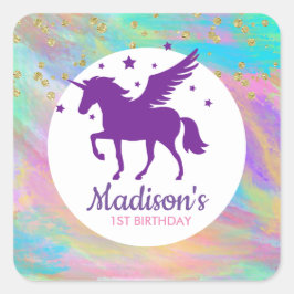 Pegatina Cuadrada Cumpleaños de Unicornio morado y dorado